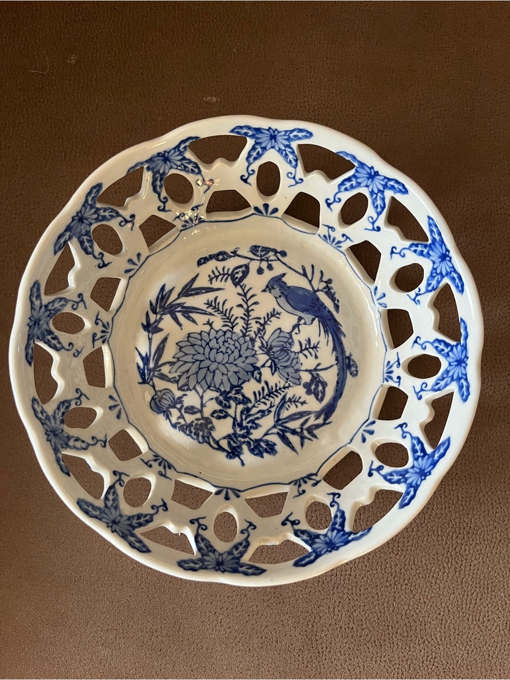 Andrea by Sadek Blue White Reticulated Bird Floral Bowl